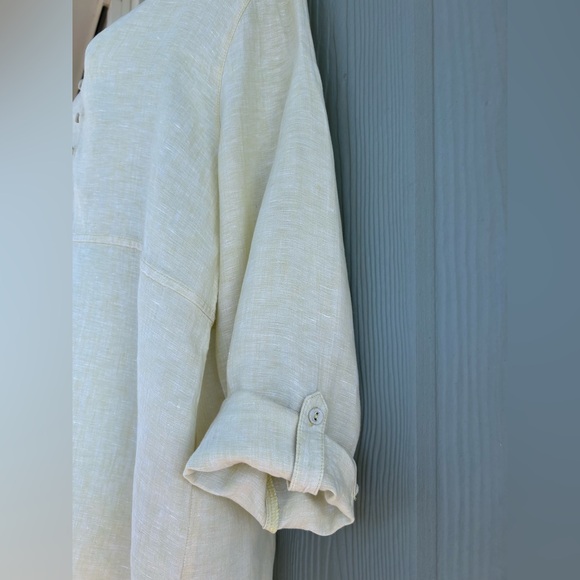 141*. SIGRID OLSEN Women's Linen Tunic Yellow.1/4 Button Roll Tab Sleeve - Picture 7 of 15